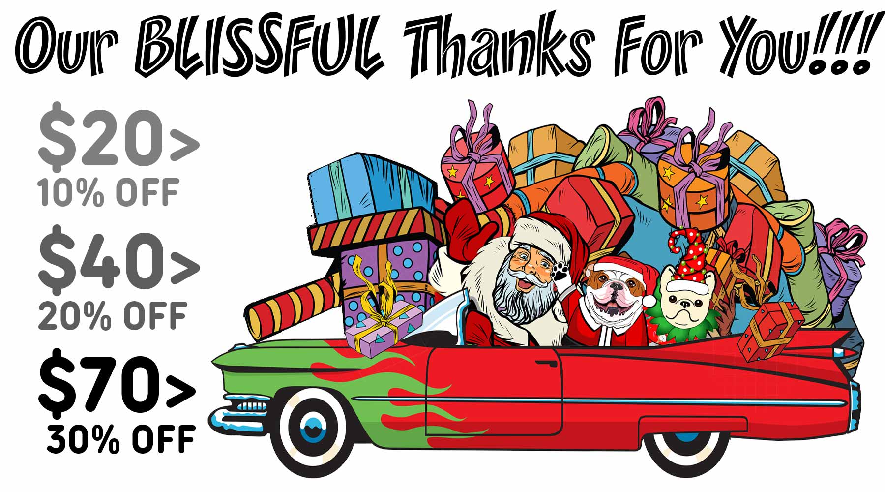 Santa in convertible with Blissful Dogs and Wrapped Christmas Gifts