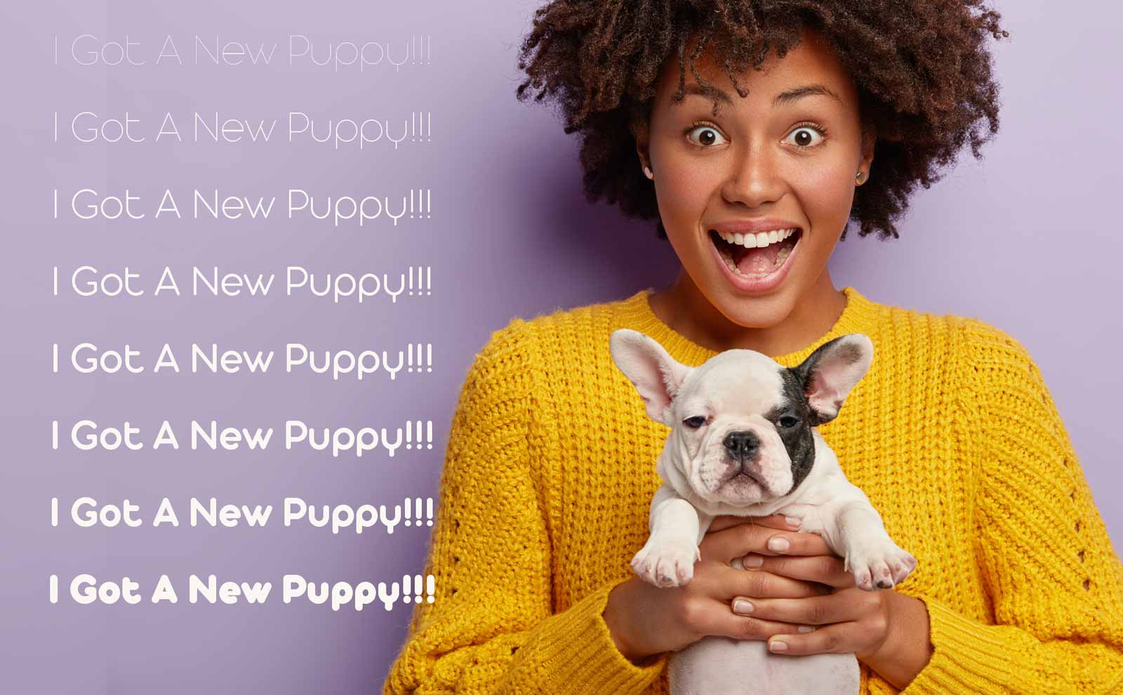 happy woman with french bulldog puppy
